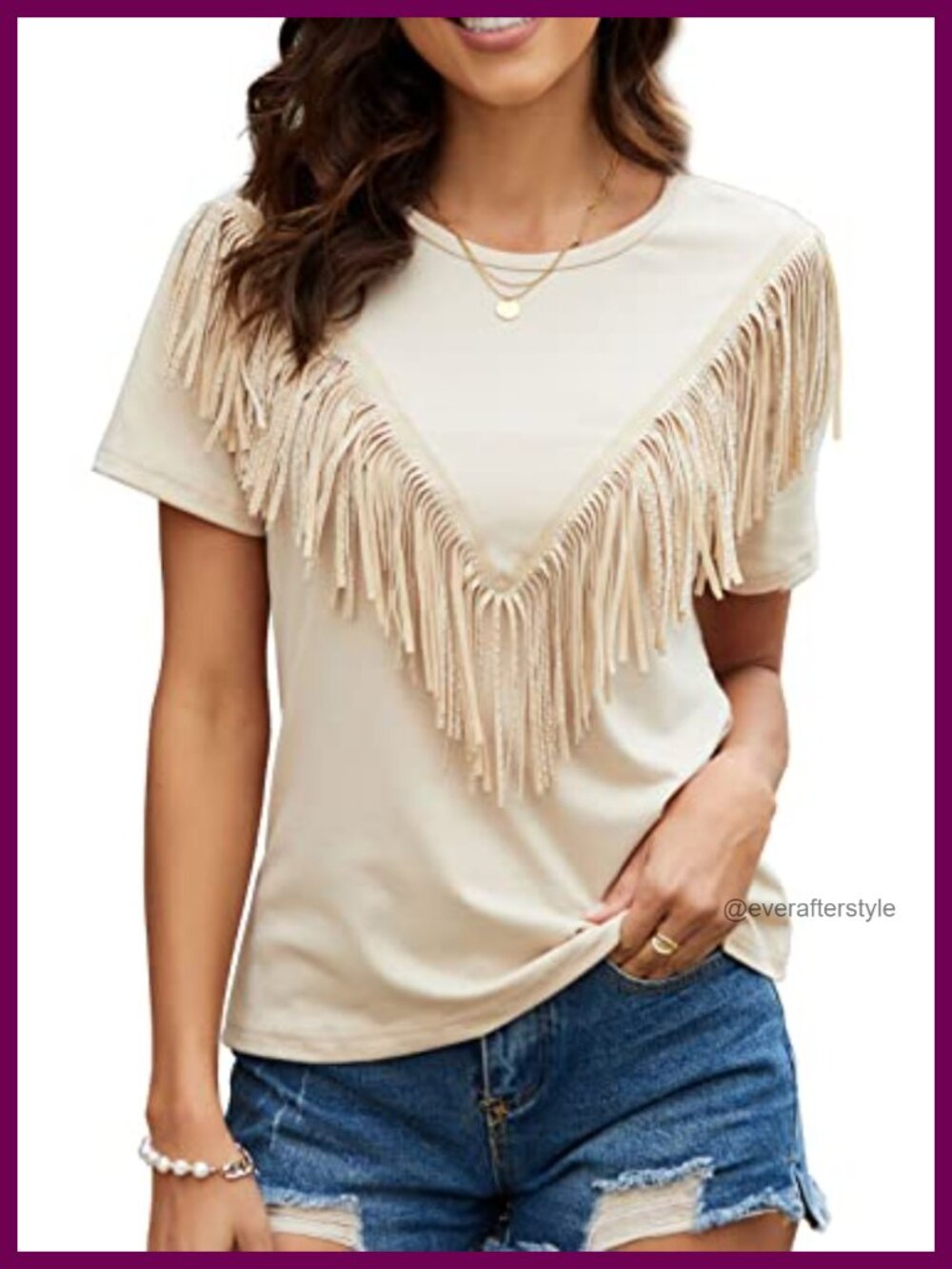 PESION Fringe Trim Tassel Short Sleeve Blouse T-Shirt Top